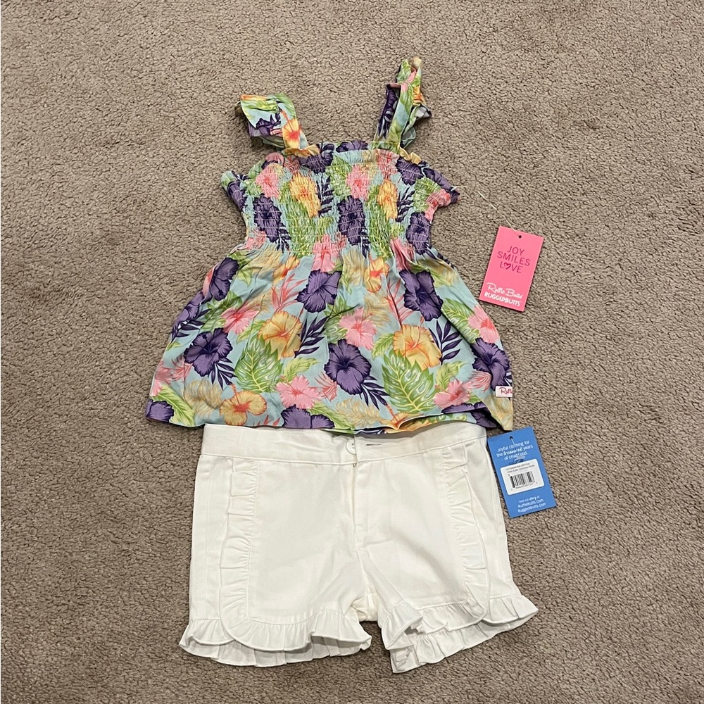 Floral Smocked Top and White Ruffle Shorts Set — New with tags
